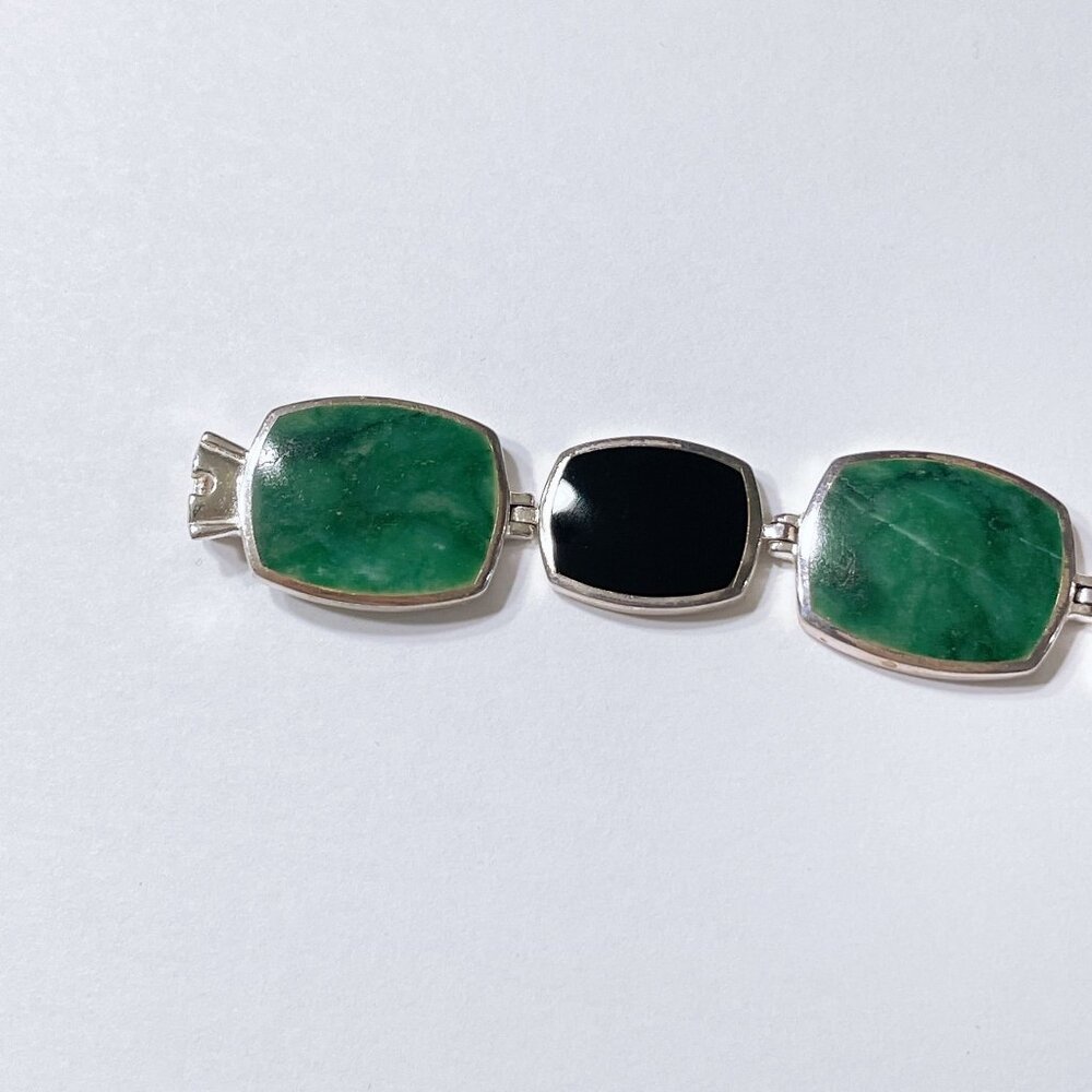 Sterling Silver Green & Black Stone Link Bracelet - Picture 7 of 9